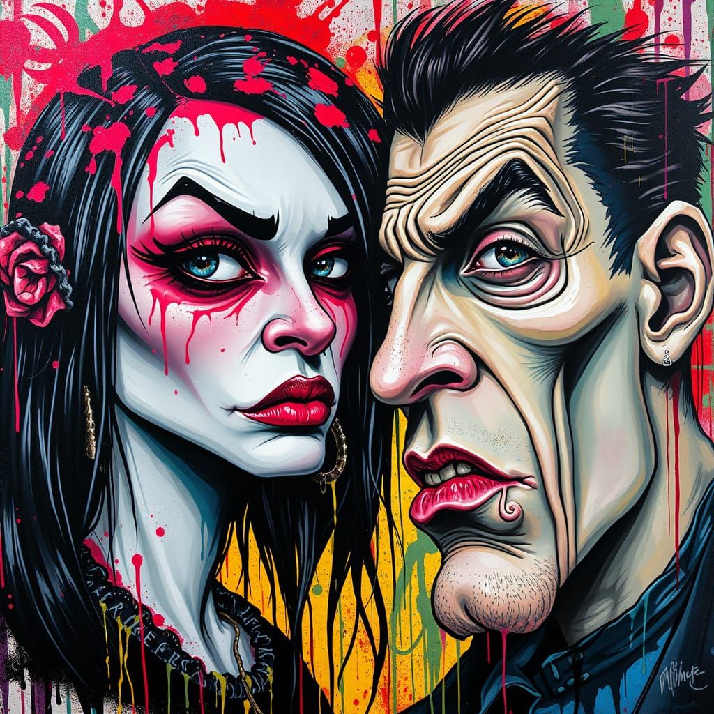 Goth Couple Caricature in Vibrant Street Art Style