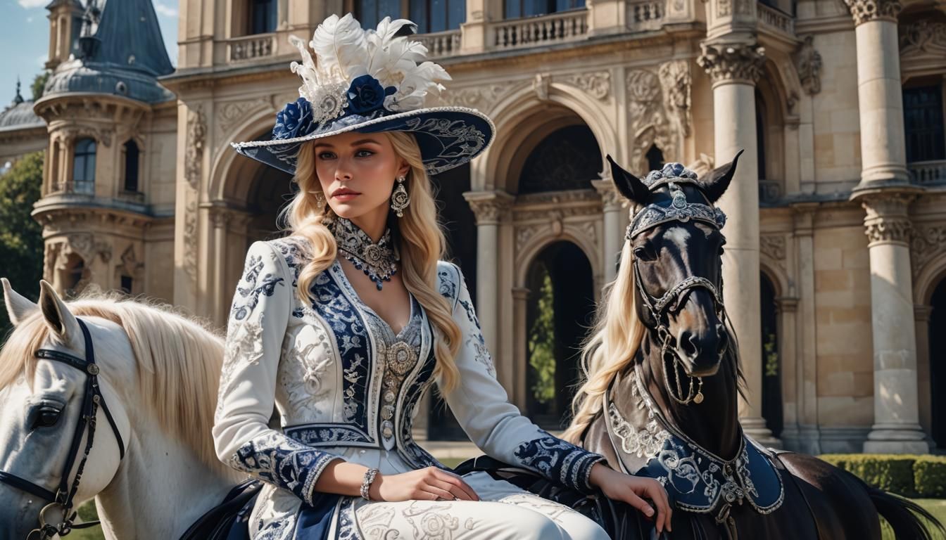 Hyperrealistic Portrait of Woman on Horse in Palace