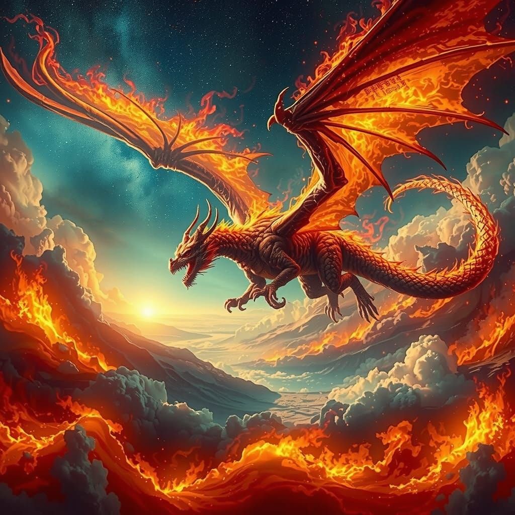 Fiery Elemental Dragon Soars Across the Ash-Filled Sky
