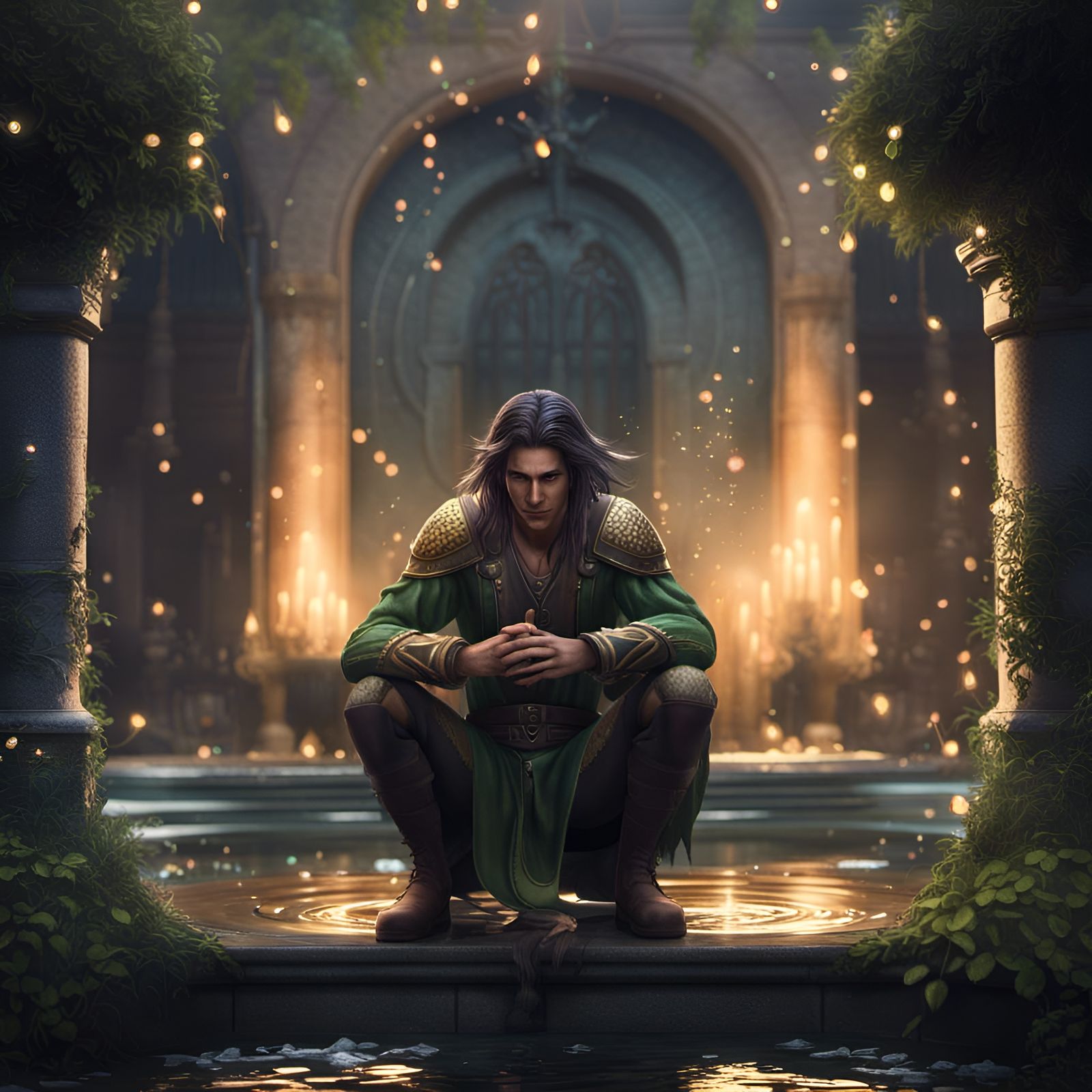 Elf by Fountain in Fantasy Concept Art