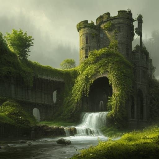 Epic Ruined Castle with River in Dark Fantasy Style