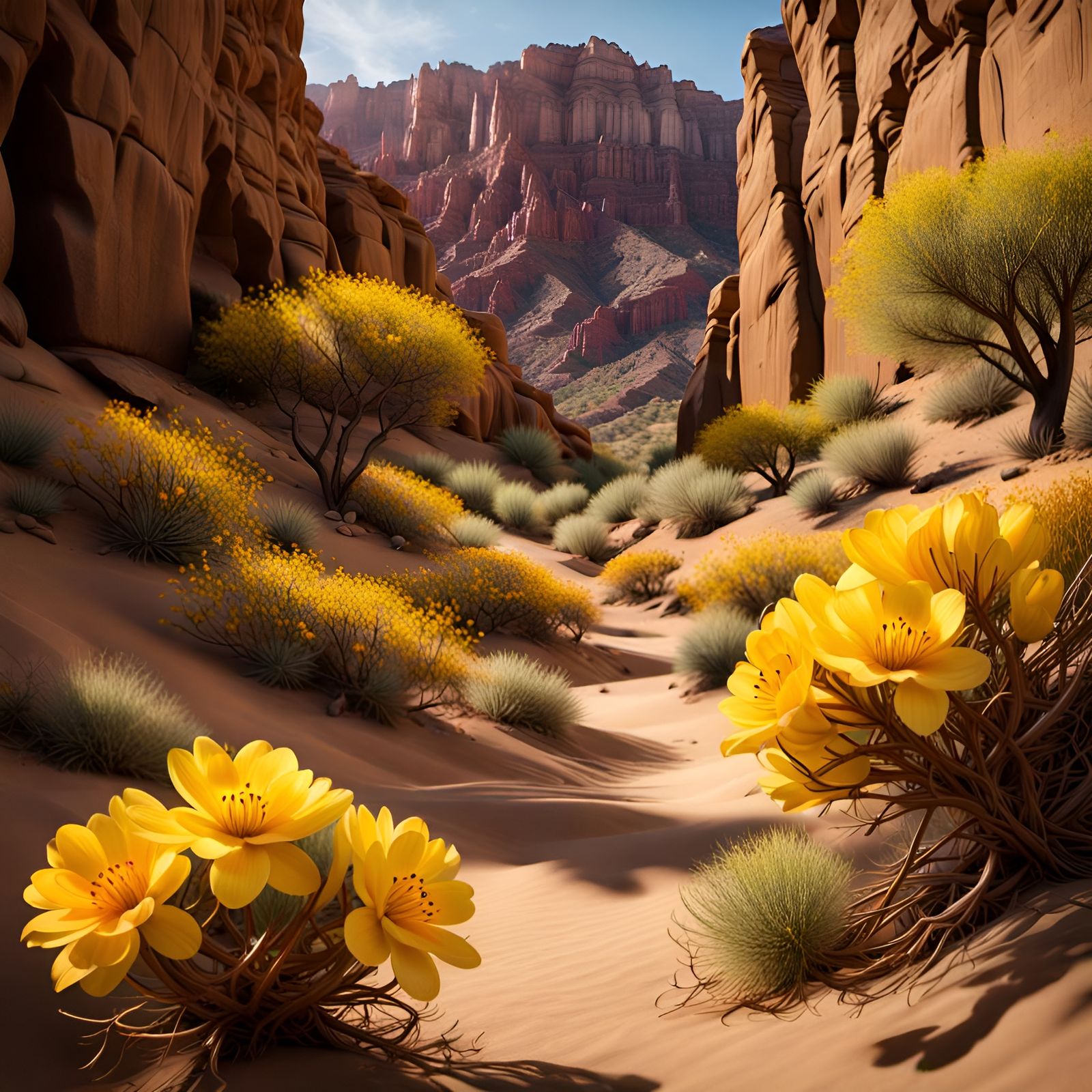 Deep Desert Canyon with Yellow Flower, Realism