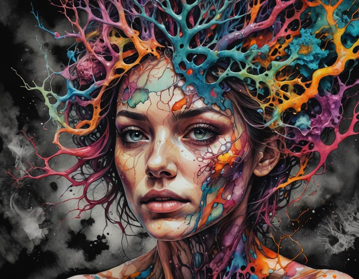 Surreal Portrait: Woman with MRI Scan in Mixed Media