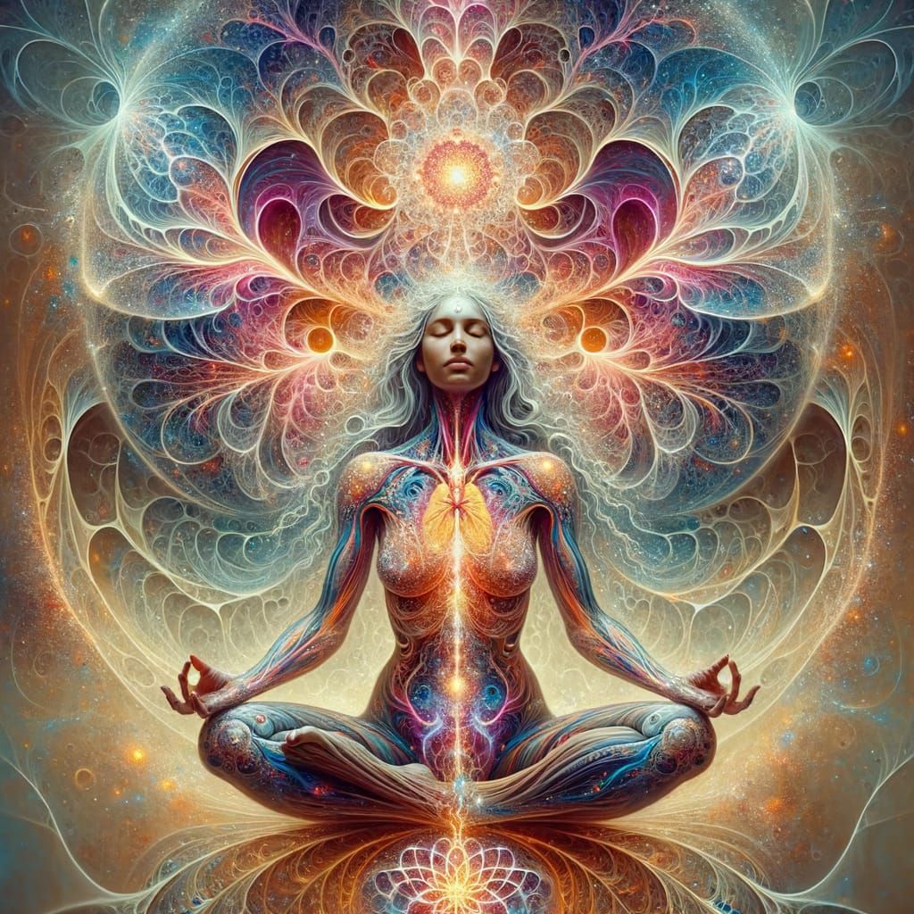 Ethereal Woman Meditating in Cosmic Energy