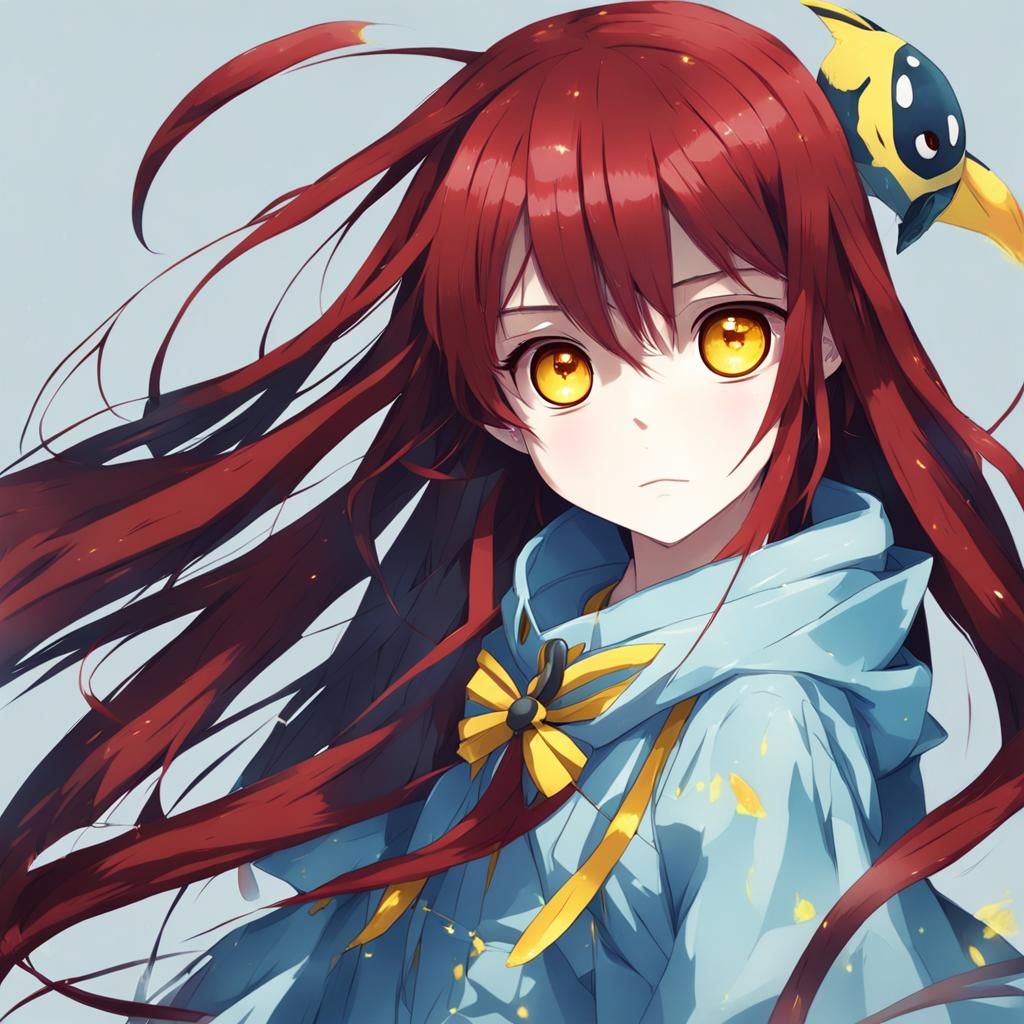Anime Girl with Red Hair and Blue Skin