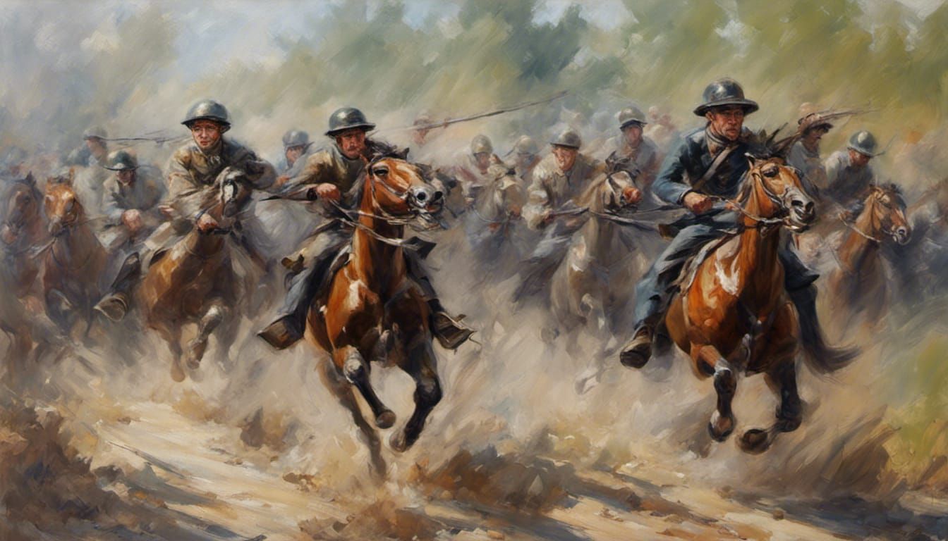 Dynamic Cavalry Charge Painting with Sharp Focus