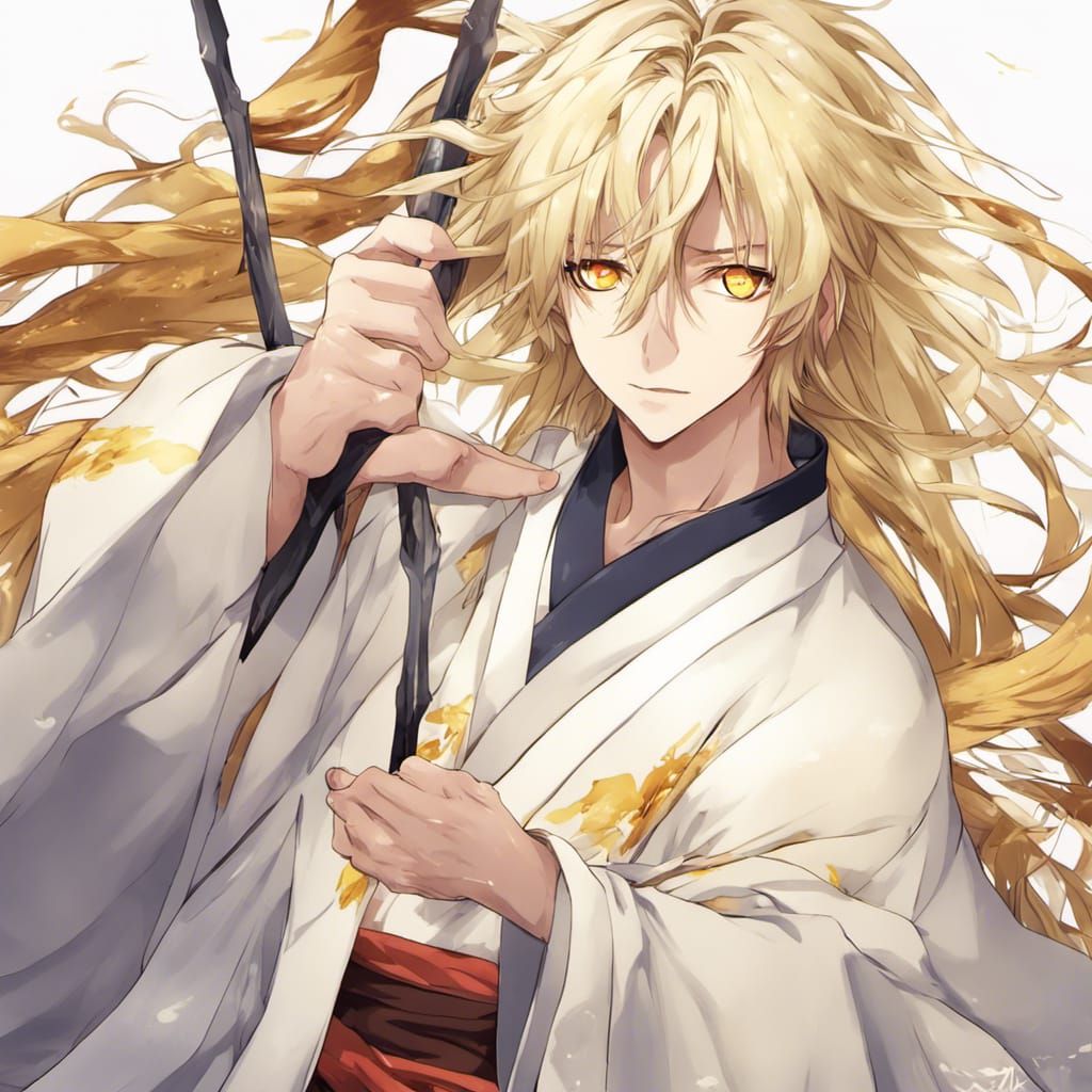 Anime-Style Blond Man in Flowing Robes