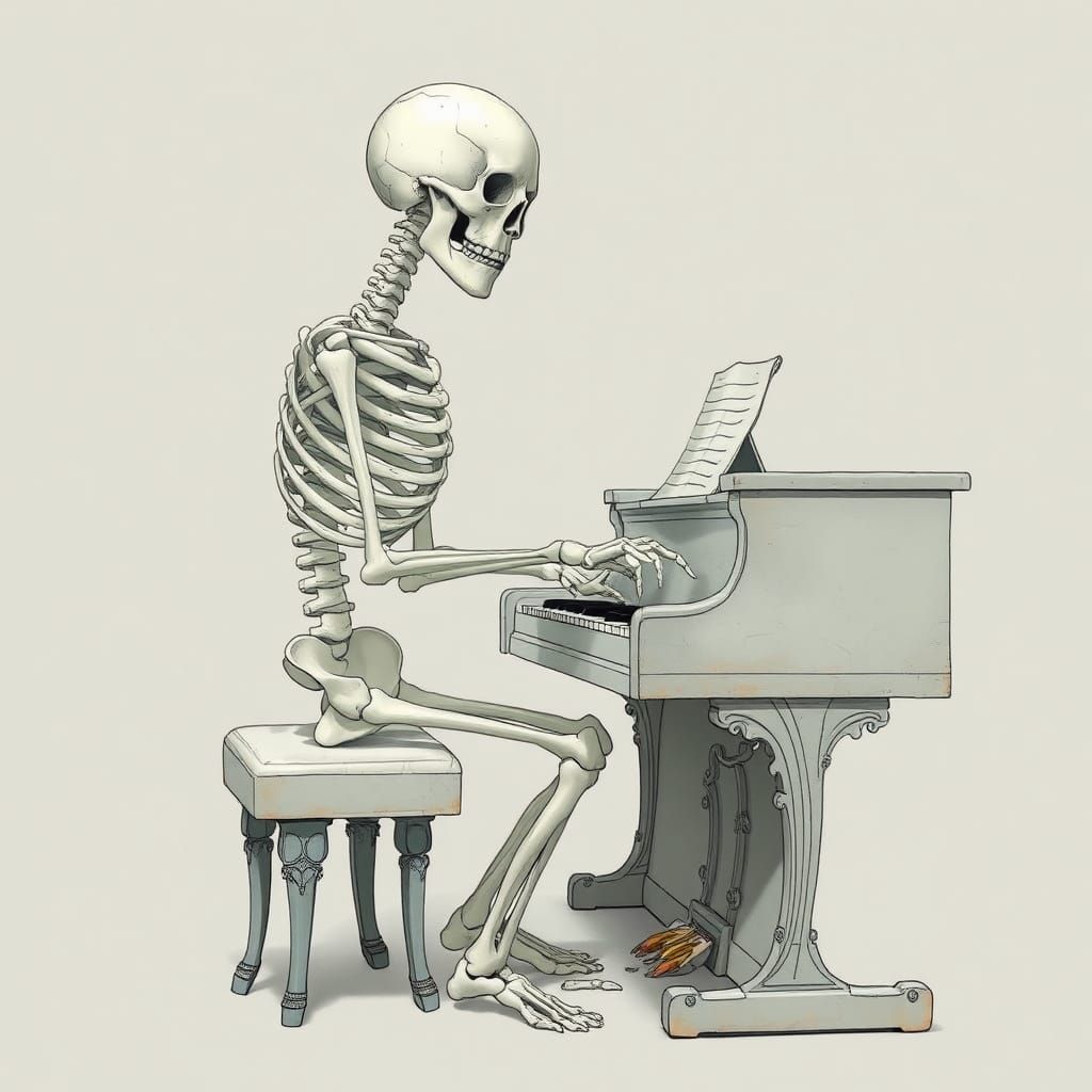 Ghostly Skeleton Plays Piano: Surreal Illustration