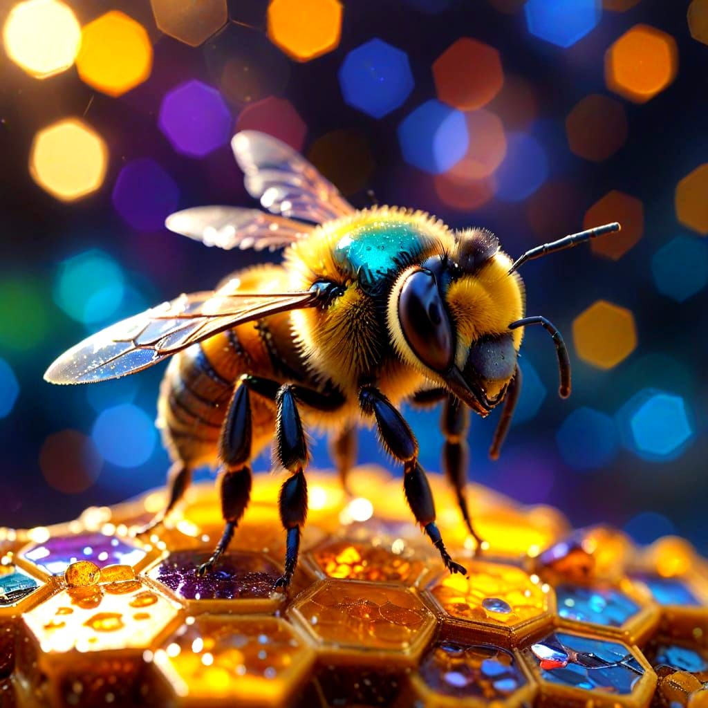 Vibrant Close-up of a Bee Amidst Glittering Honeycomb