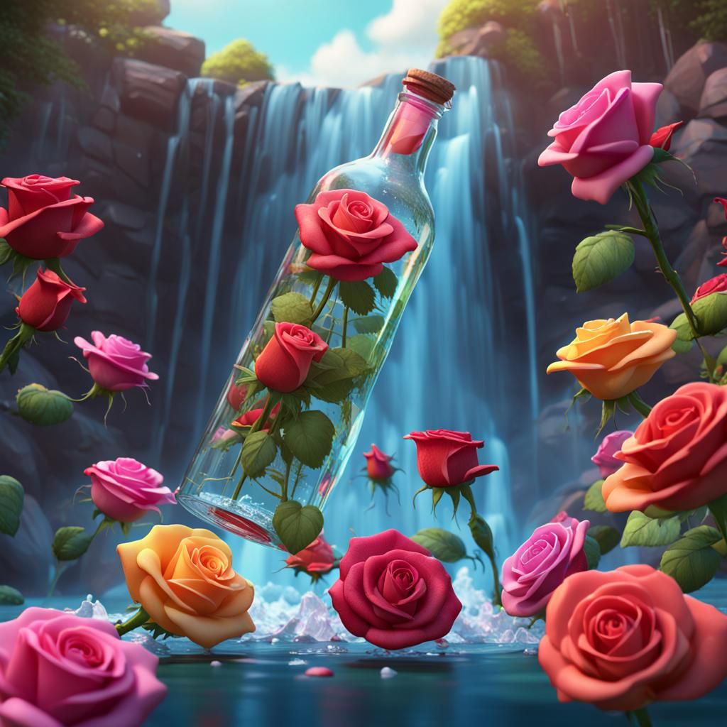 Bottle Pouring Roses into Waterfall: 3D Digital Art