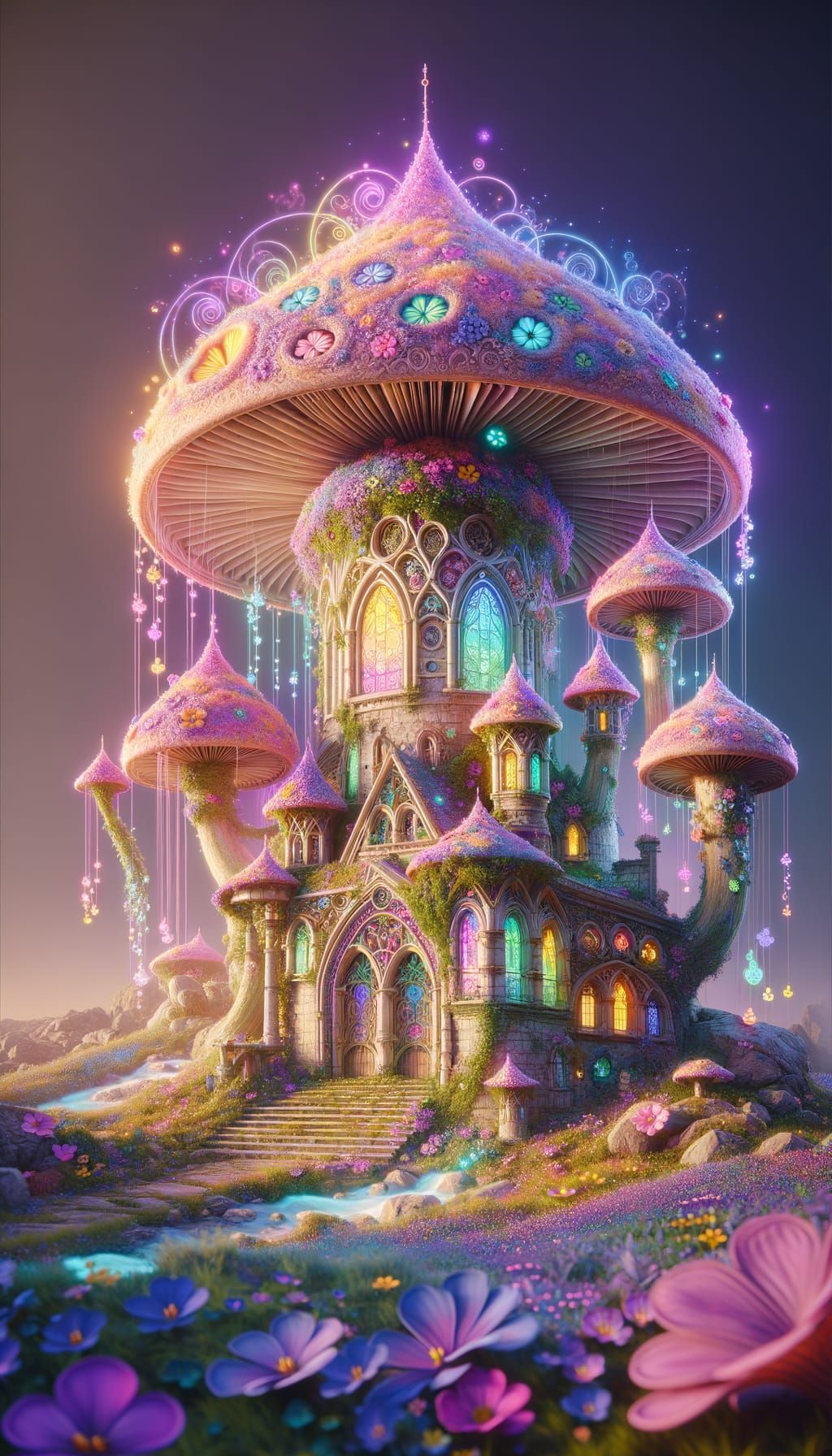 Mystical Mushroom Castle in Pastel 3D Rendering