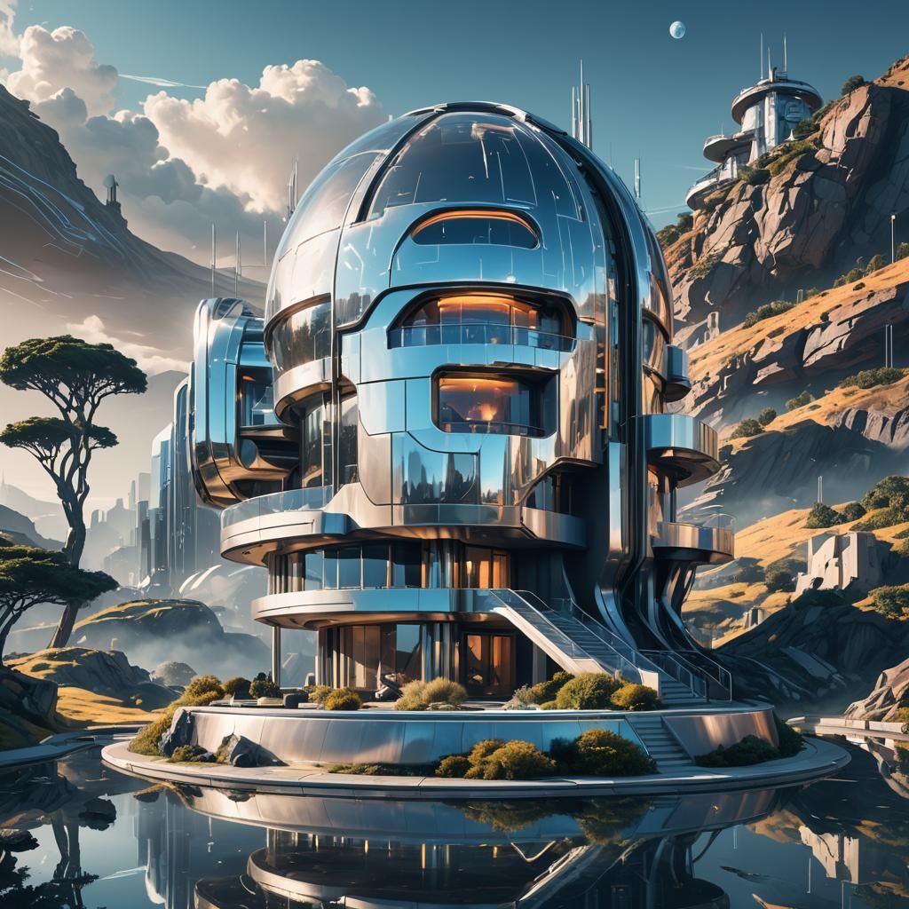 Futuristic Silver Villa in Cyberpunk Landscape