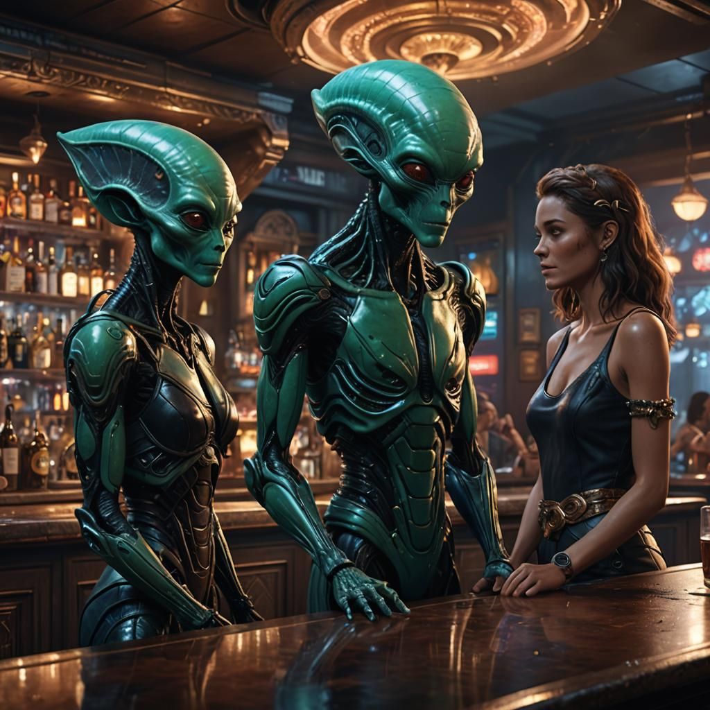 Alien Chatting with Ladies: Detailed Matte Painting