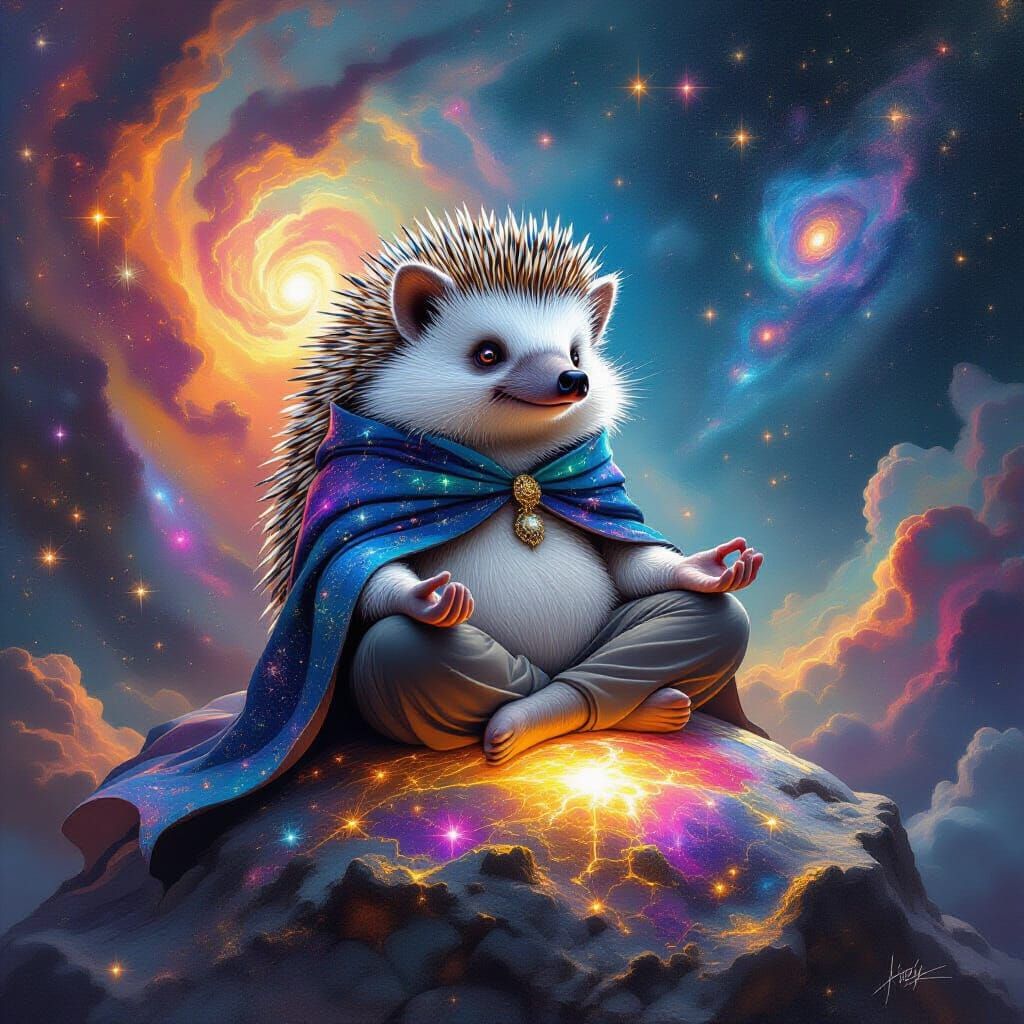 Hedgehog Sage Meditating in Cosmic Surrealism Style