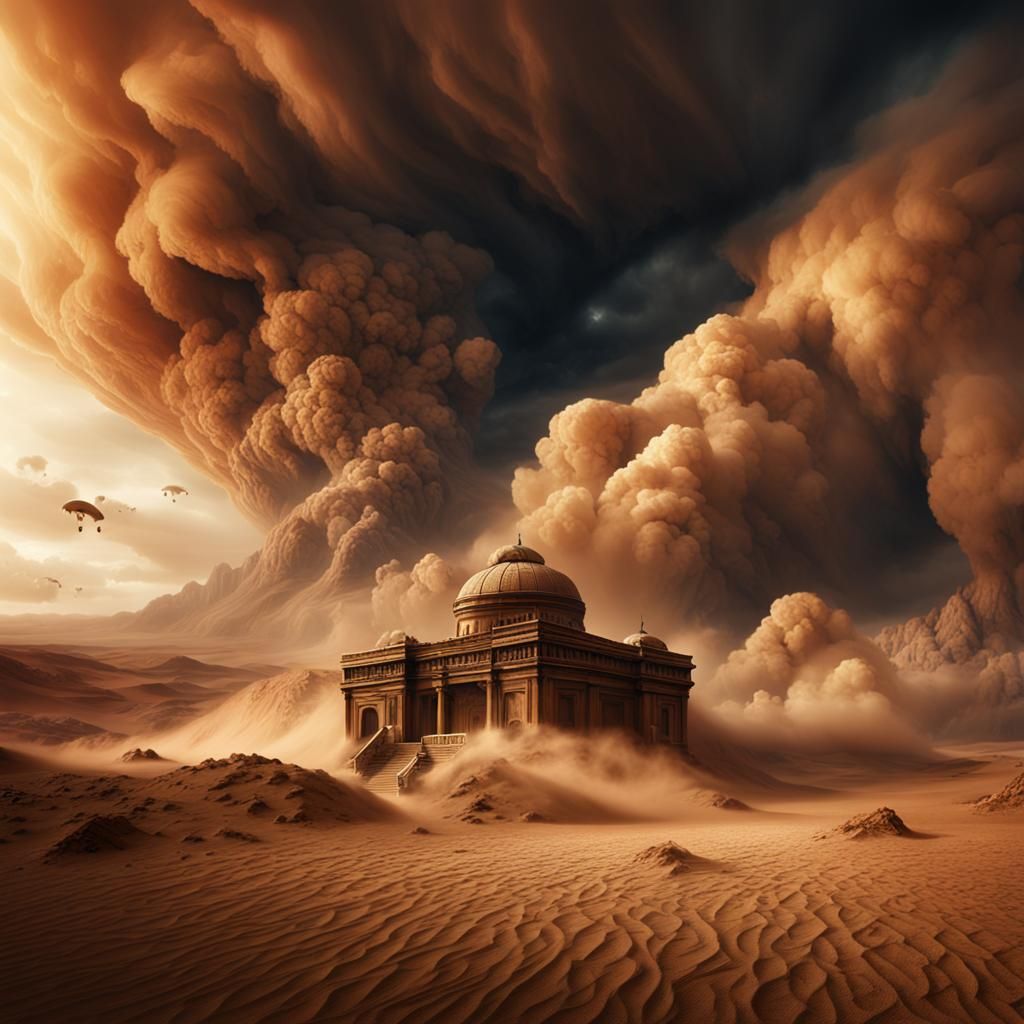 Surreal Sandstorm Scene with Theater Mask, Matte Painting