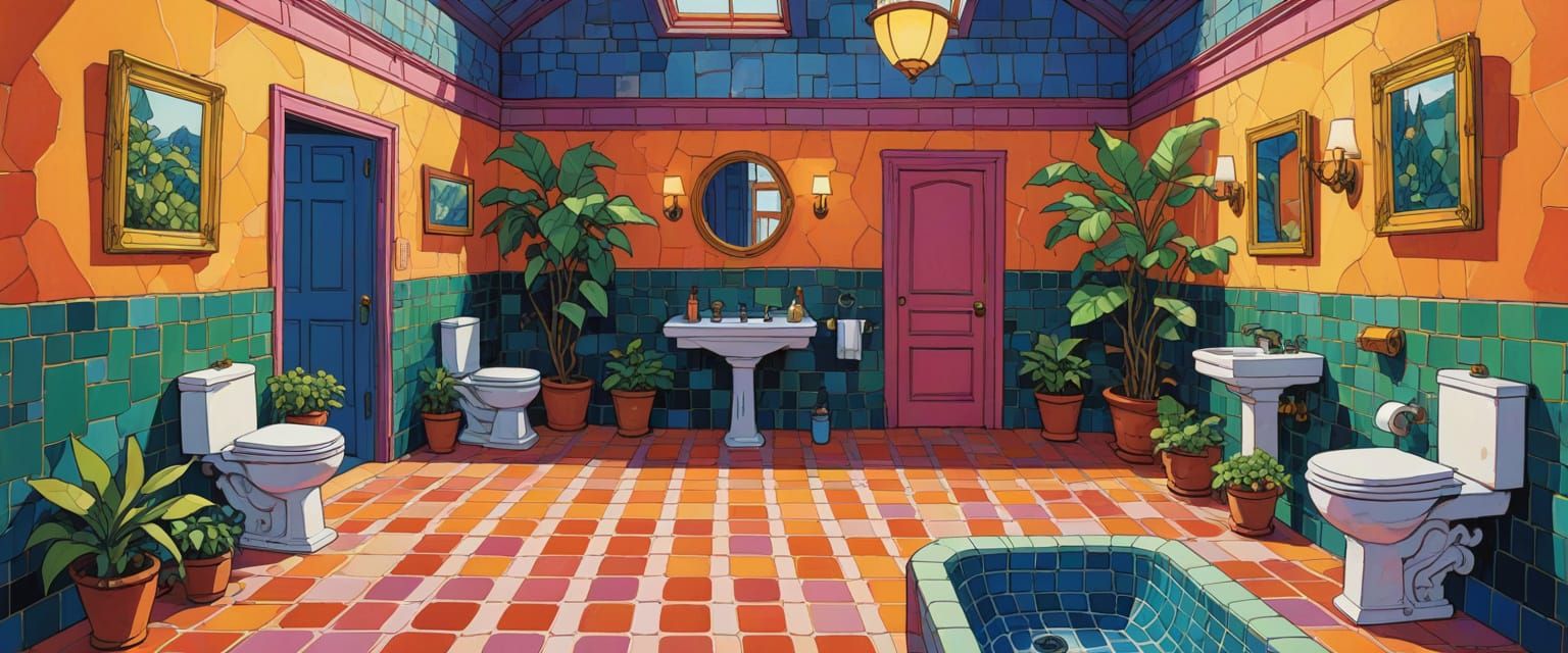 Vibrant Bathroom Scene in Comic Book Watercolor Style