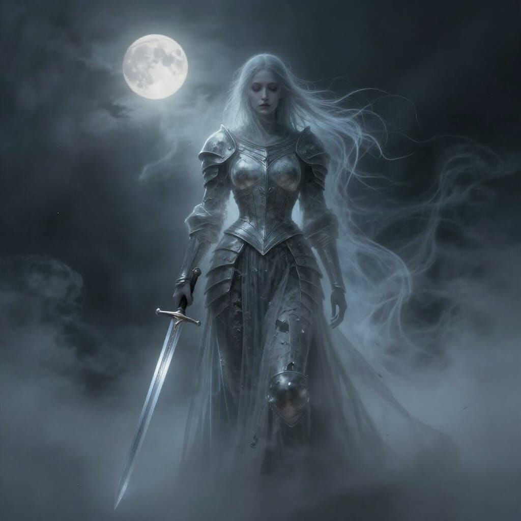 Ethereal Warrior Woman in Misty Darkness