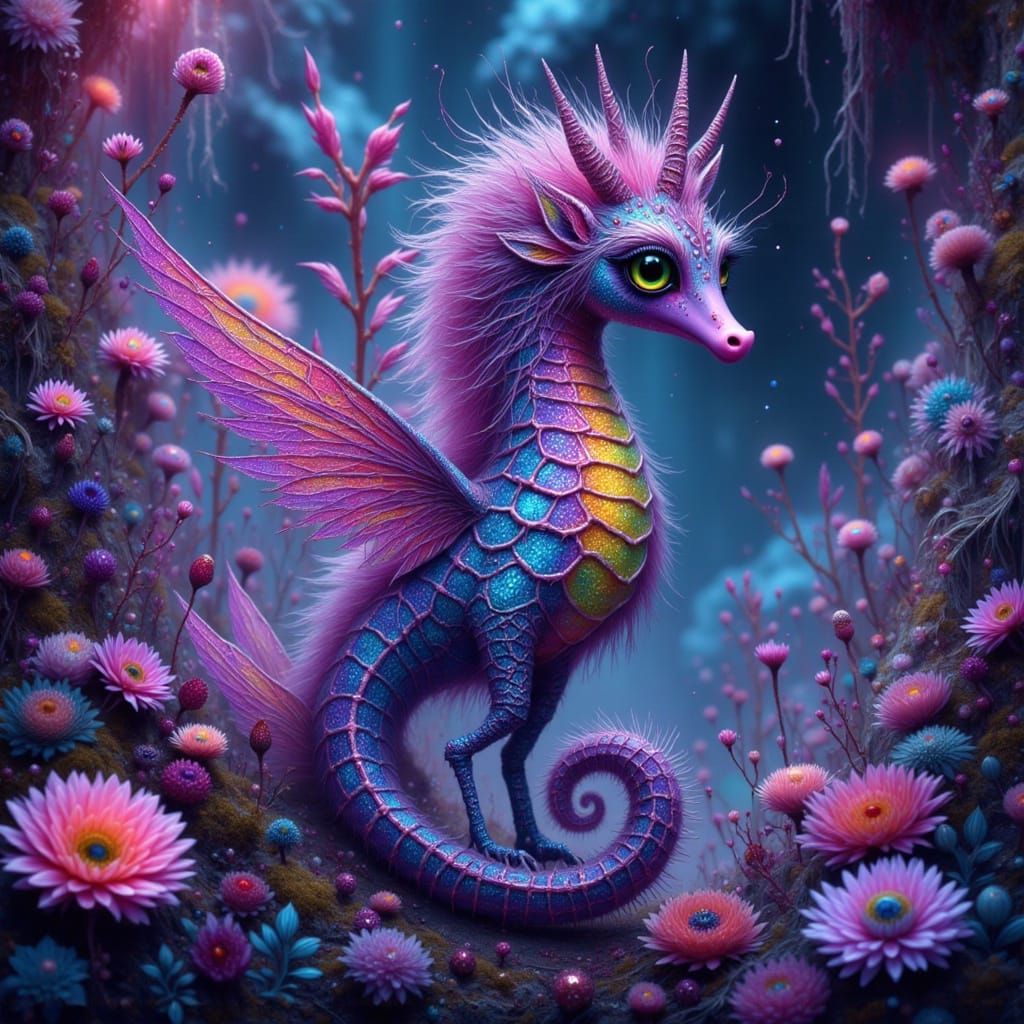 Rainbow Seahorse with Wings in Crystal Cave