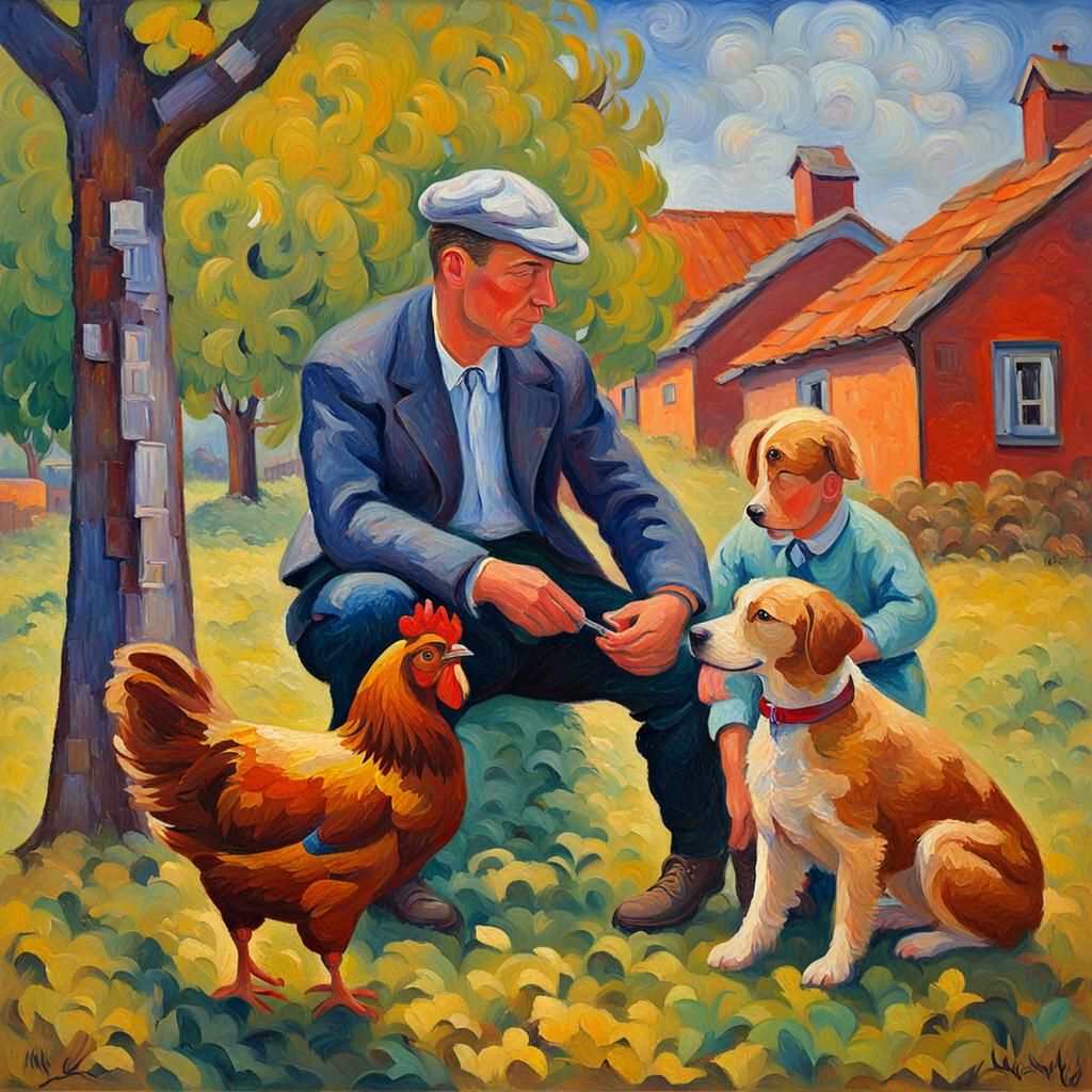 Family with Animals: Expressionist Oil Painting