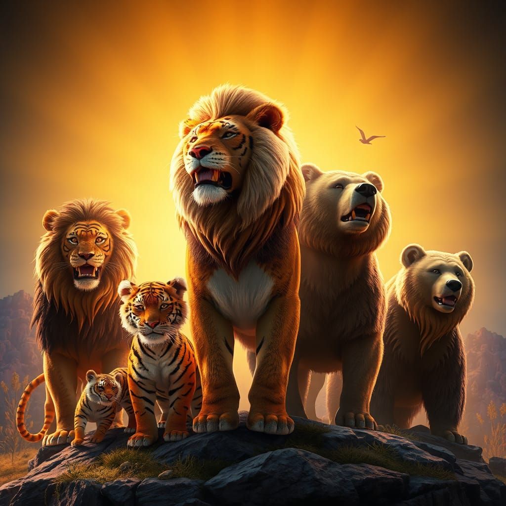 Dynamic Lions, Tigers, and Bears in Dreamlike 3D Art