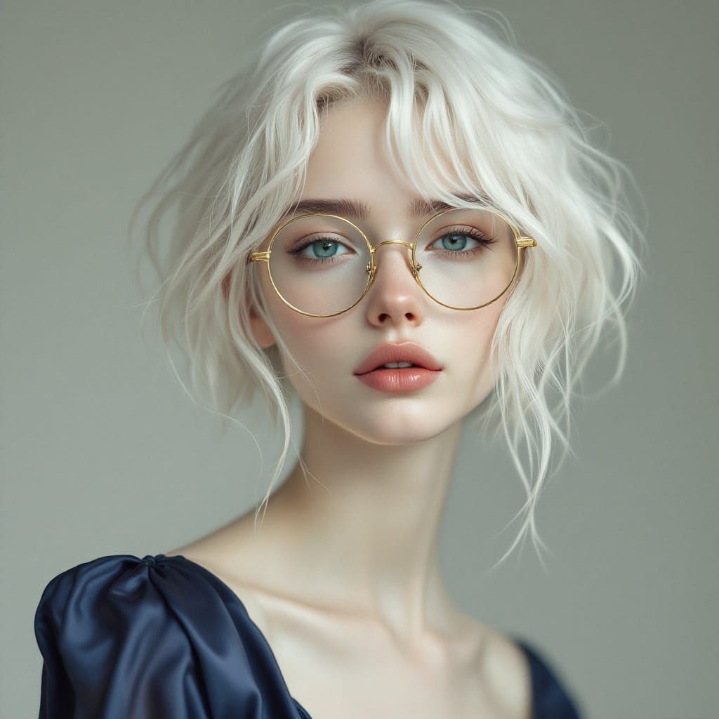 Ethereal Albino Woman in Navy Silk Dress