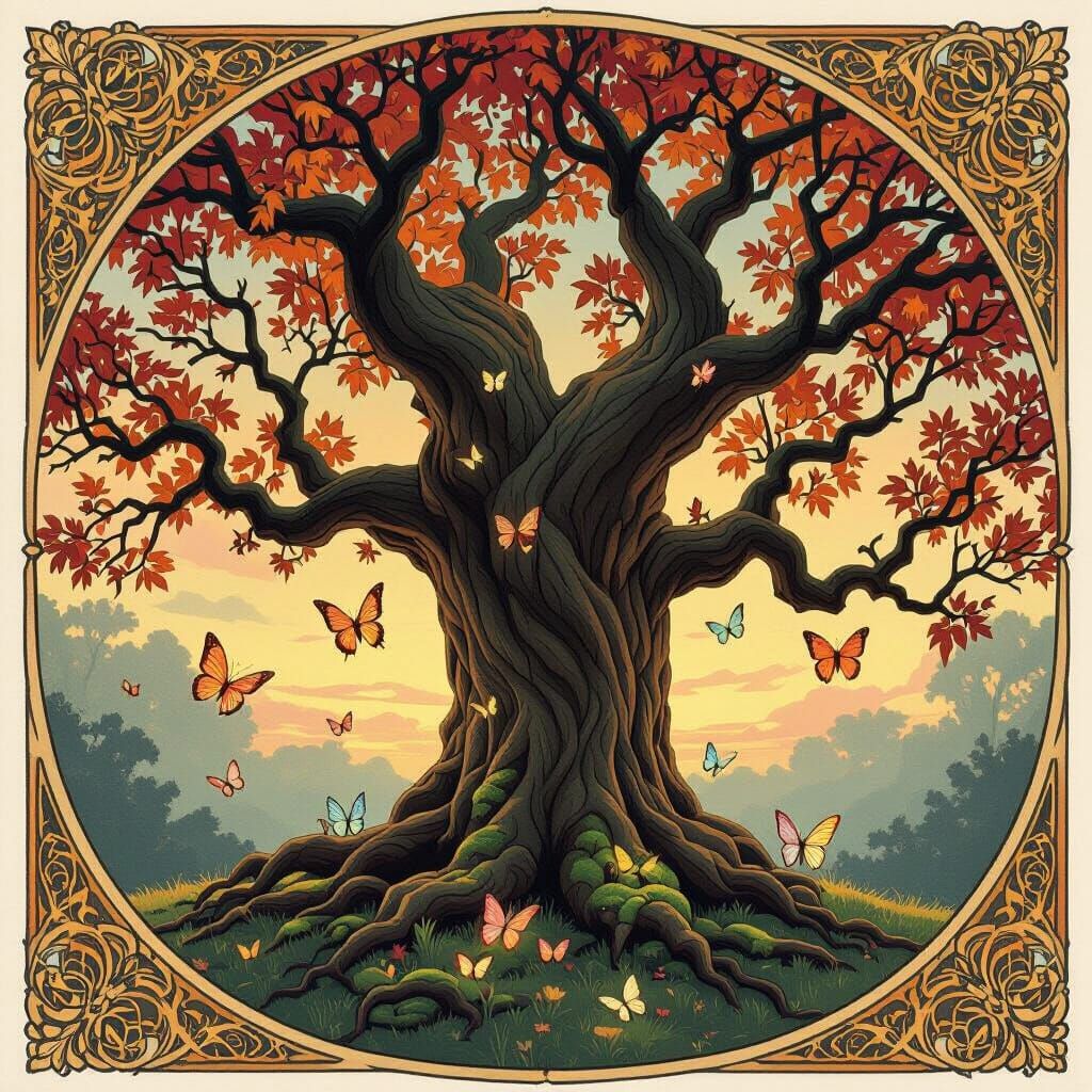 Ancient Oak Tree in Hidden Glade with Stained-Glass Butterfl...