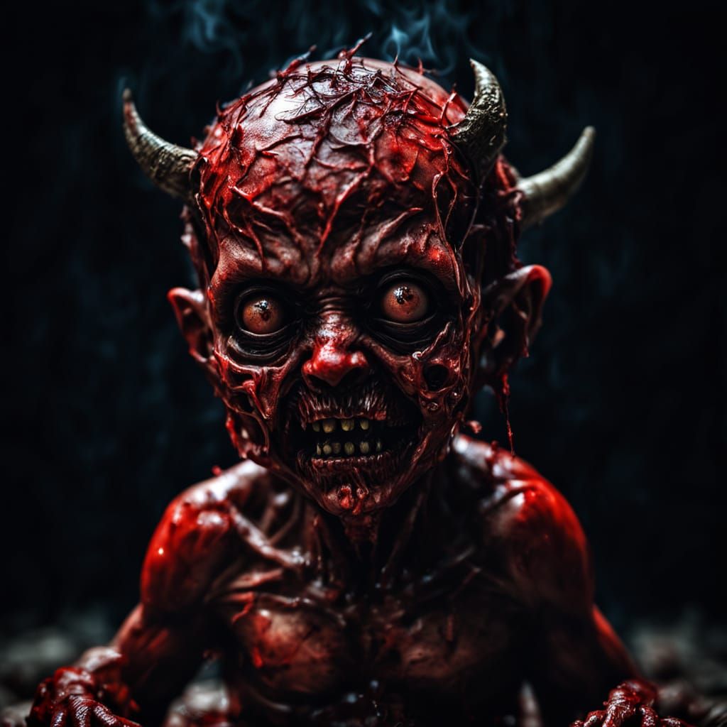 Surreal Devil Baby Unveiled in a Gory, Hyperrealistic Scene