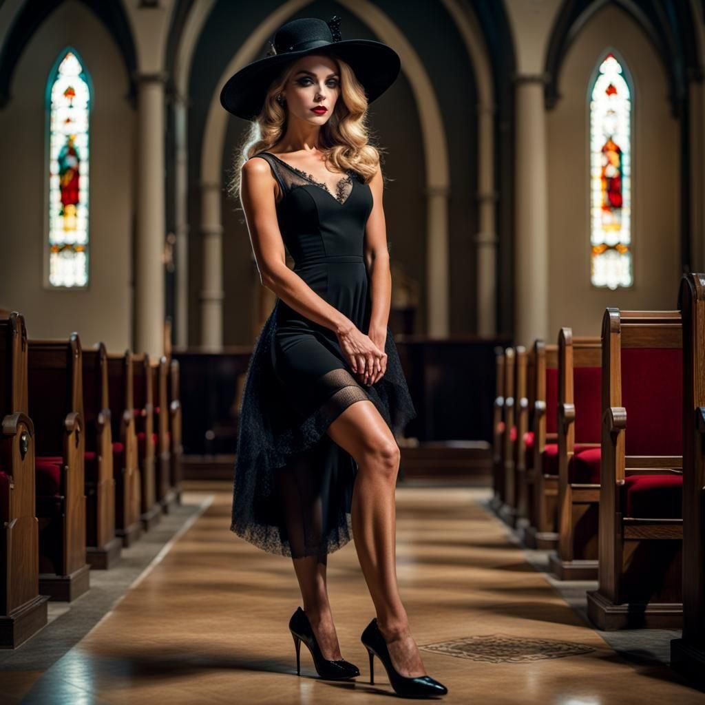 Elegant Widow in Church: Cinematic Film Still