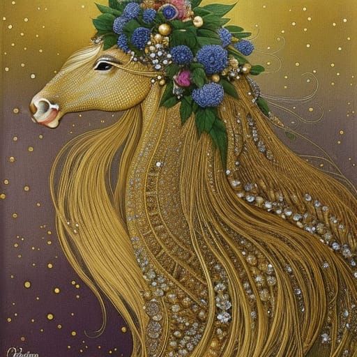 Majestic Horse Queen with Floral Crown, Art Nouveau Style