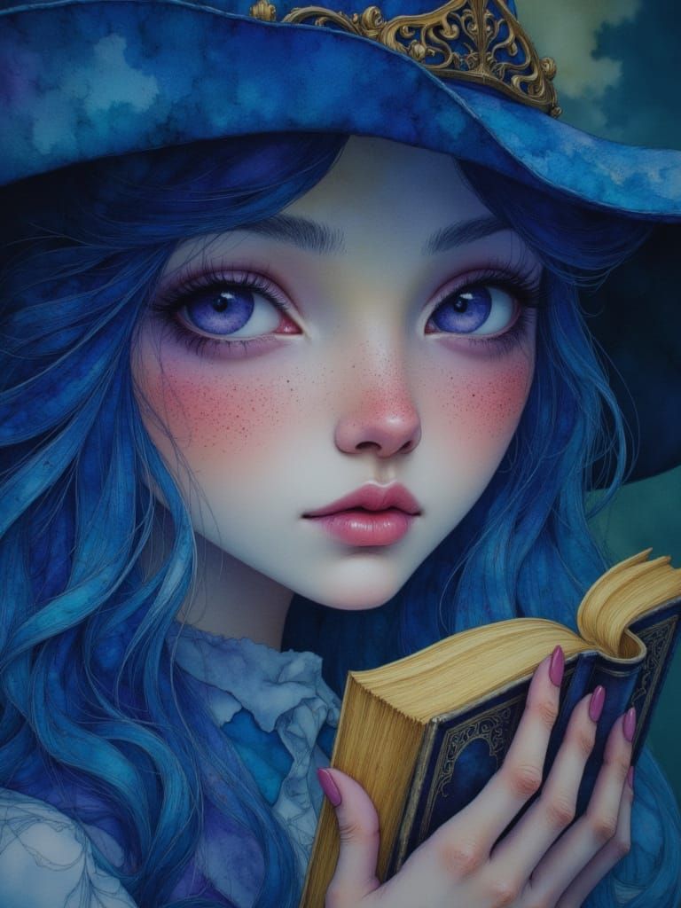Witch Girl with Blue Hair and Violet Eyes Holding Enchanted ...