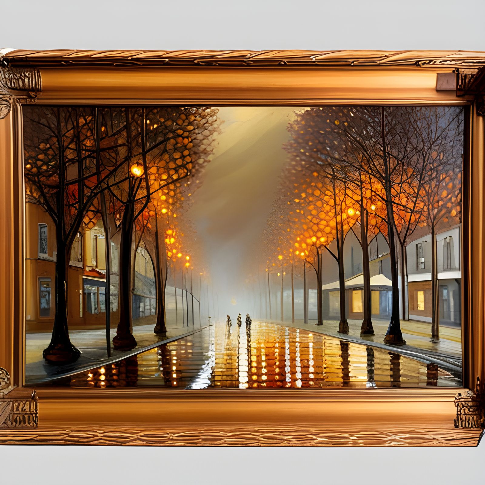 Victorian Town at Night: Vivid Oil Painting of Autumn Rain