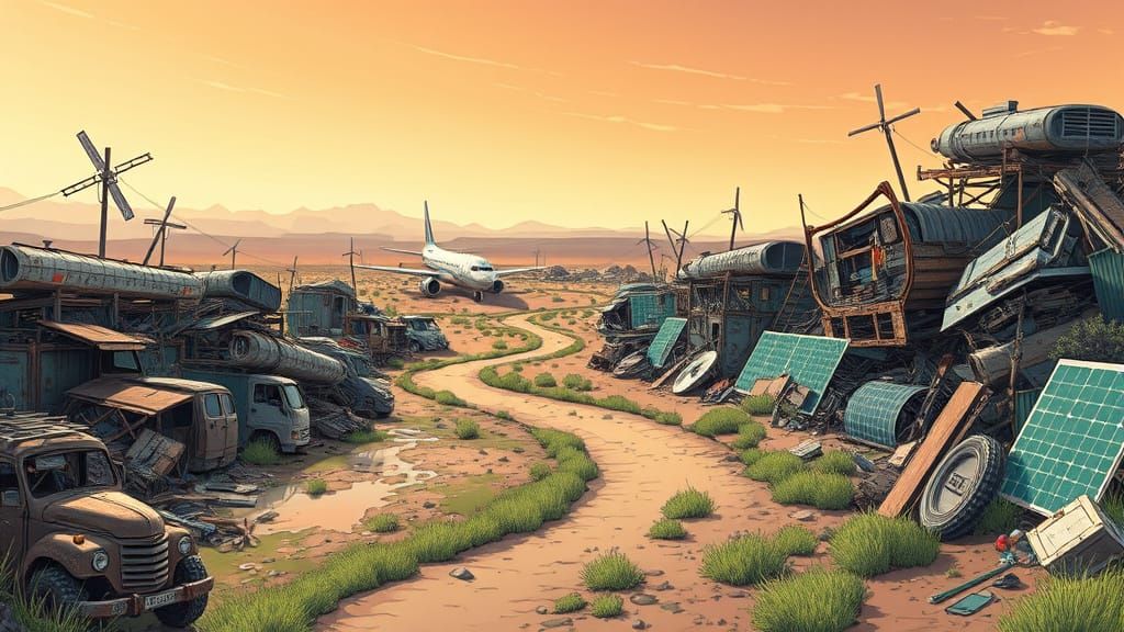 Post-Apocalyptic Scrapyard Landscape in Vibrant Anime Style