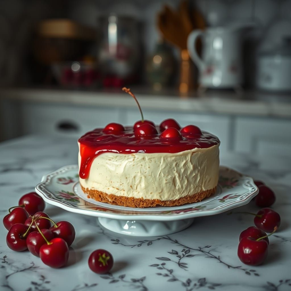 Hyperrealistic Cherry Cheesecake on Platter, HDR