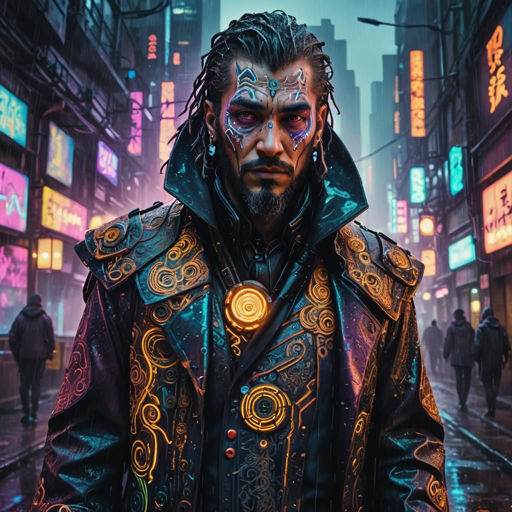 Cyberpunk Wizard in Neon Fantasy Cityscape