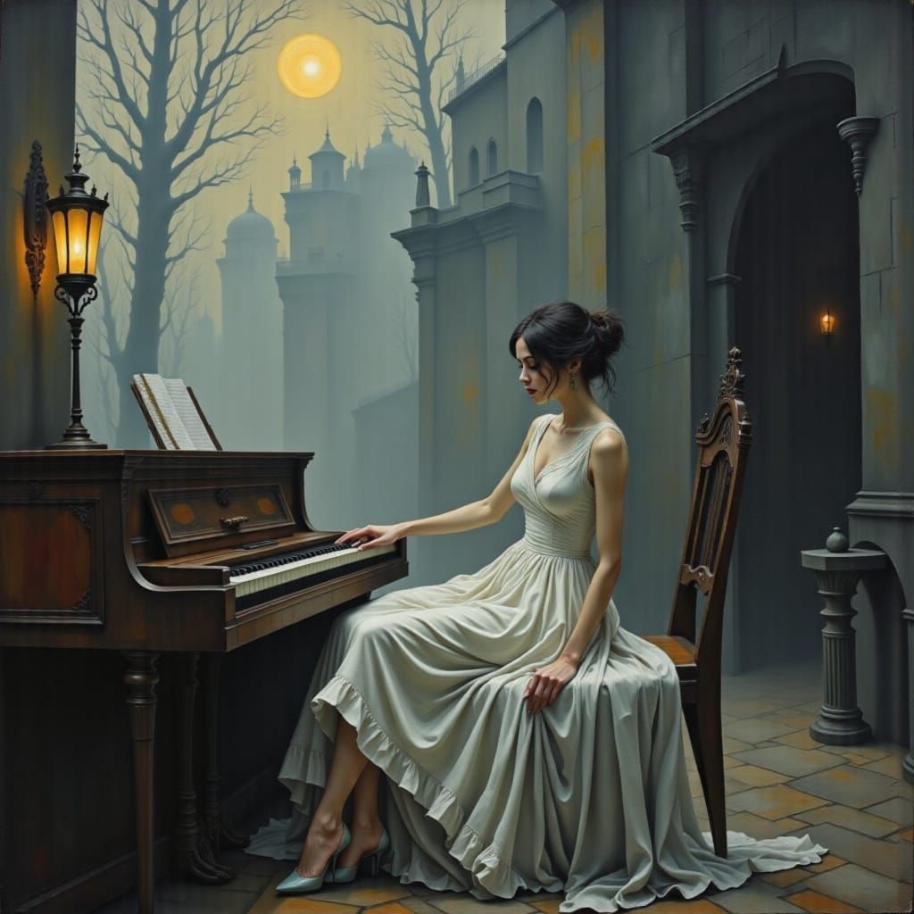 Dreamy Woman Plays Organ in Twilight