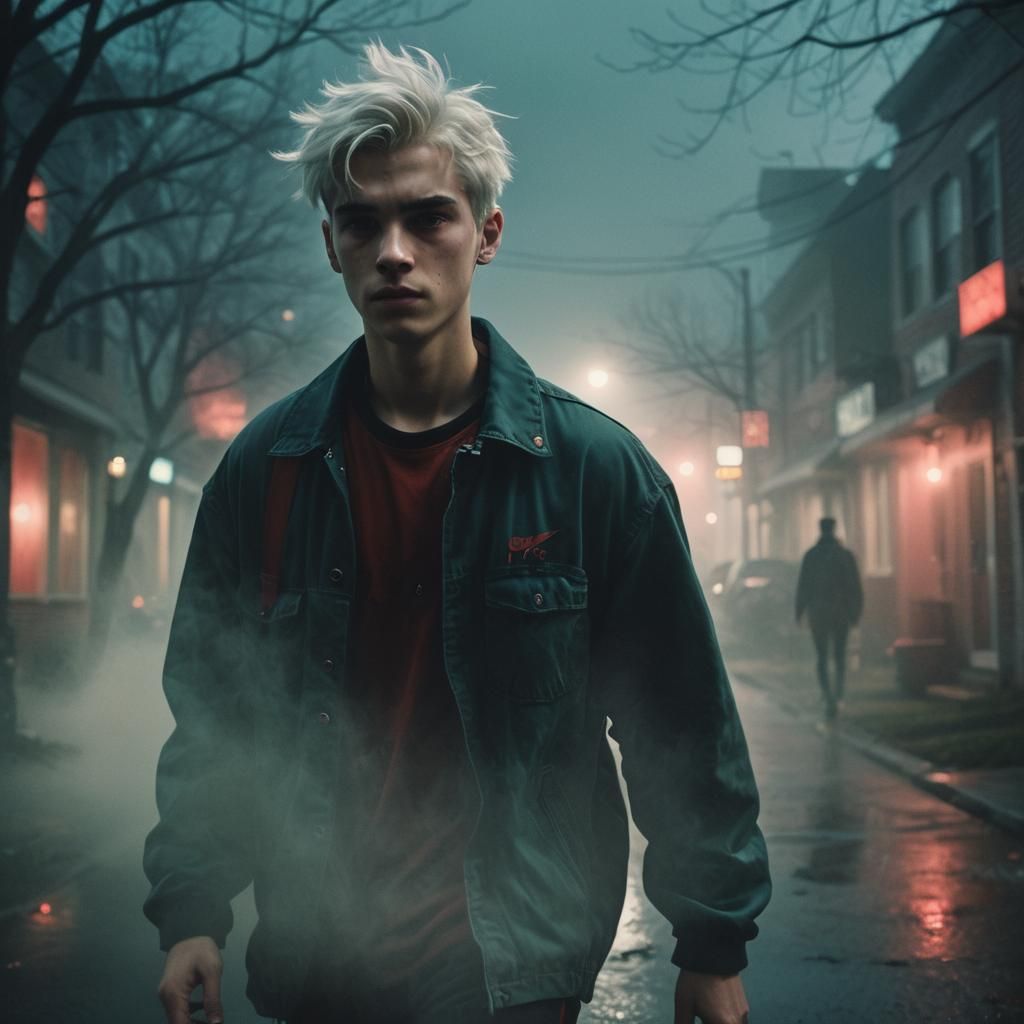 Eerie Film Still: Boy in Foggy Neighborhood