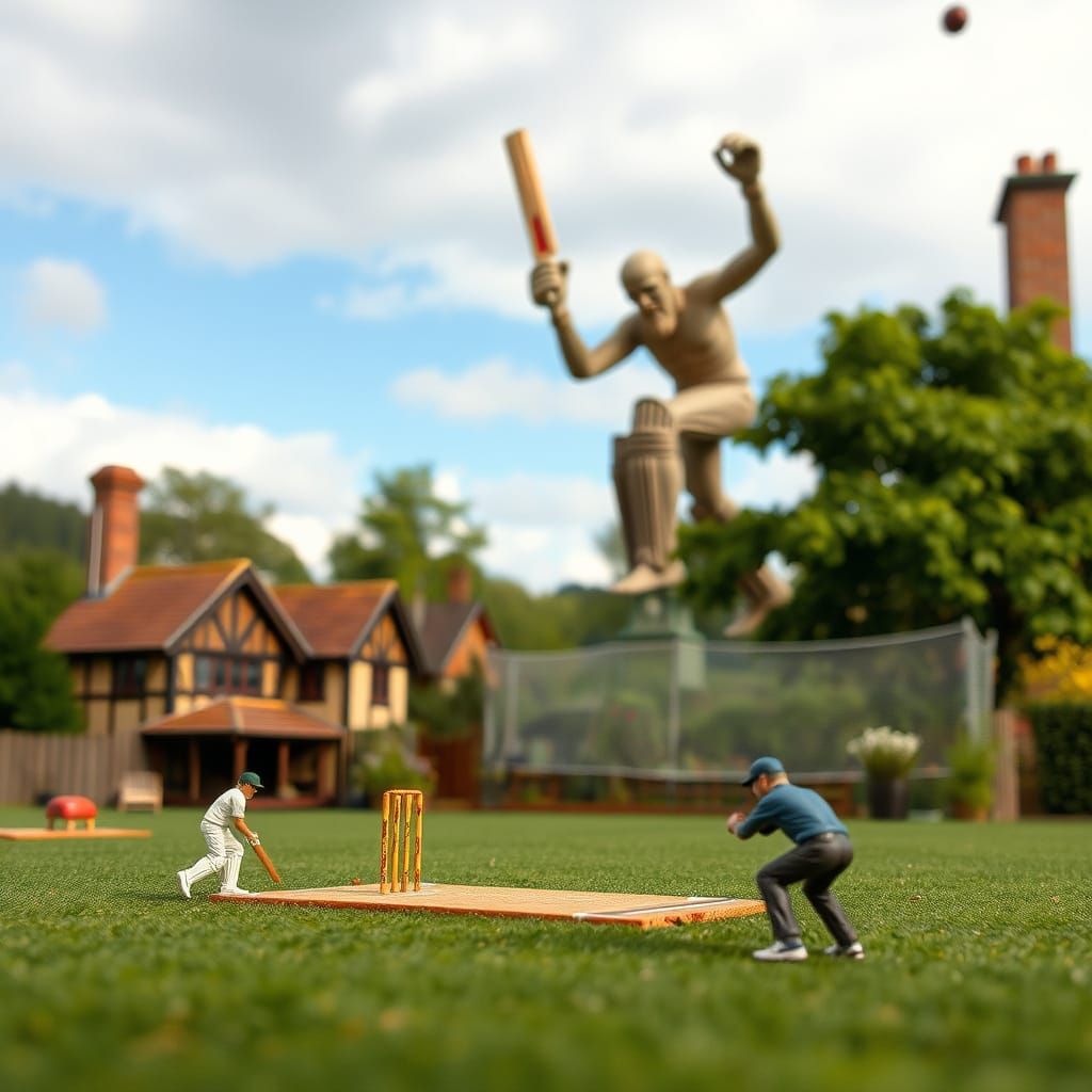 Miniature Cricket Game with Giants in Background