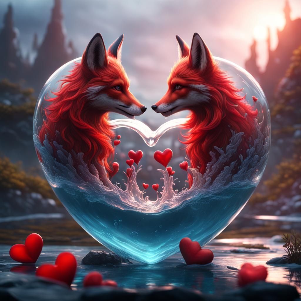 Heart Glass Red Foxes in Fantasy Art Style