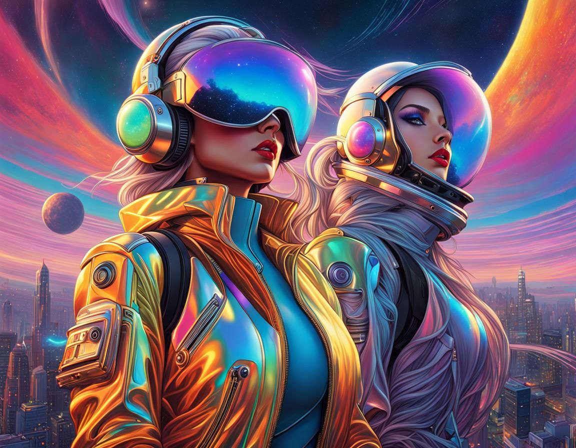 Retro-Futuristic Robot Girl in Neon Landscape