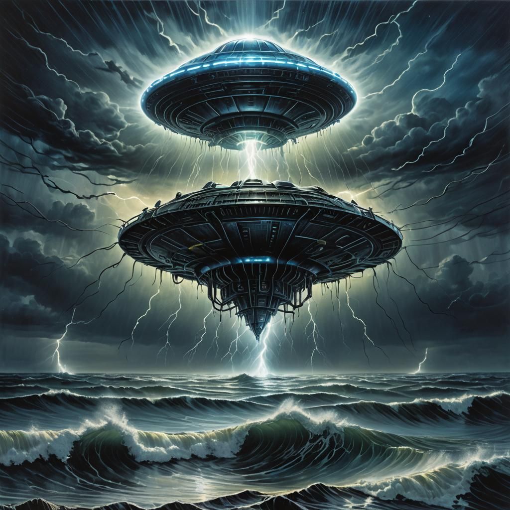 UFO Emerges from Sea in Surreal Sci-Fi Art