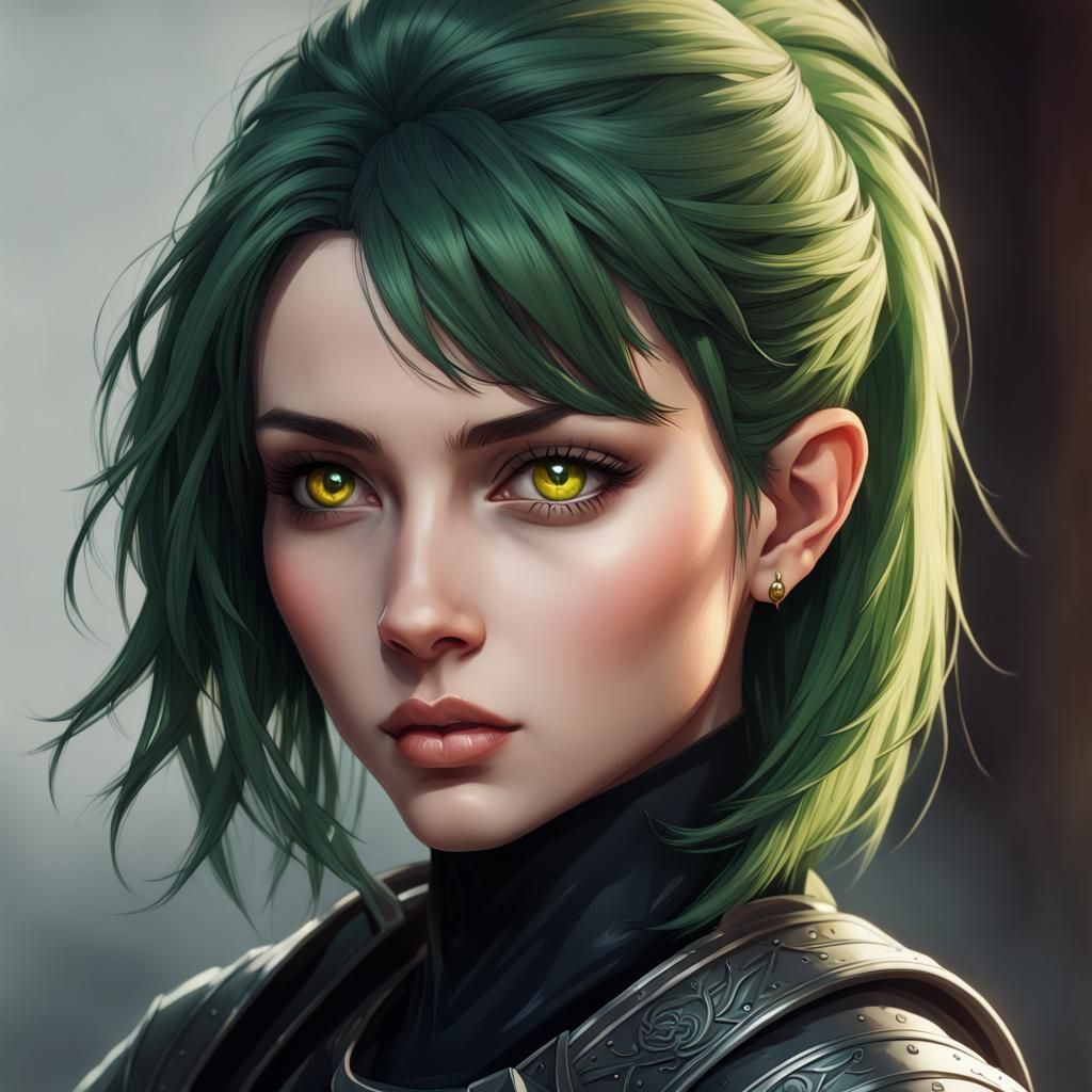 Green Haired Knight Portrait in Dark Fantasy Style