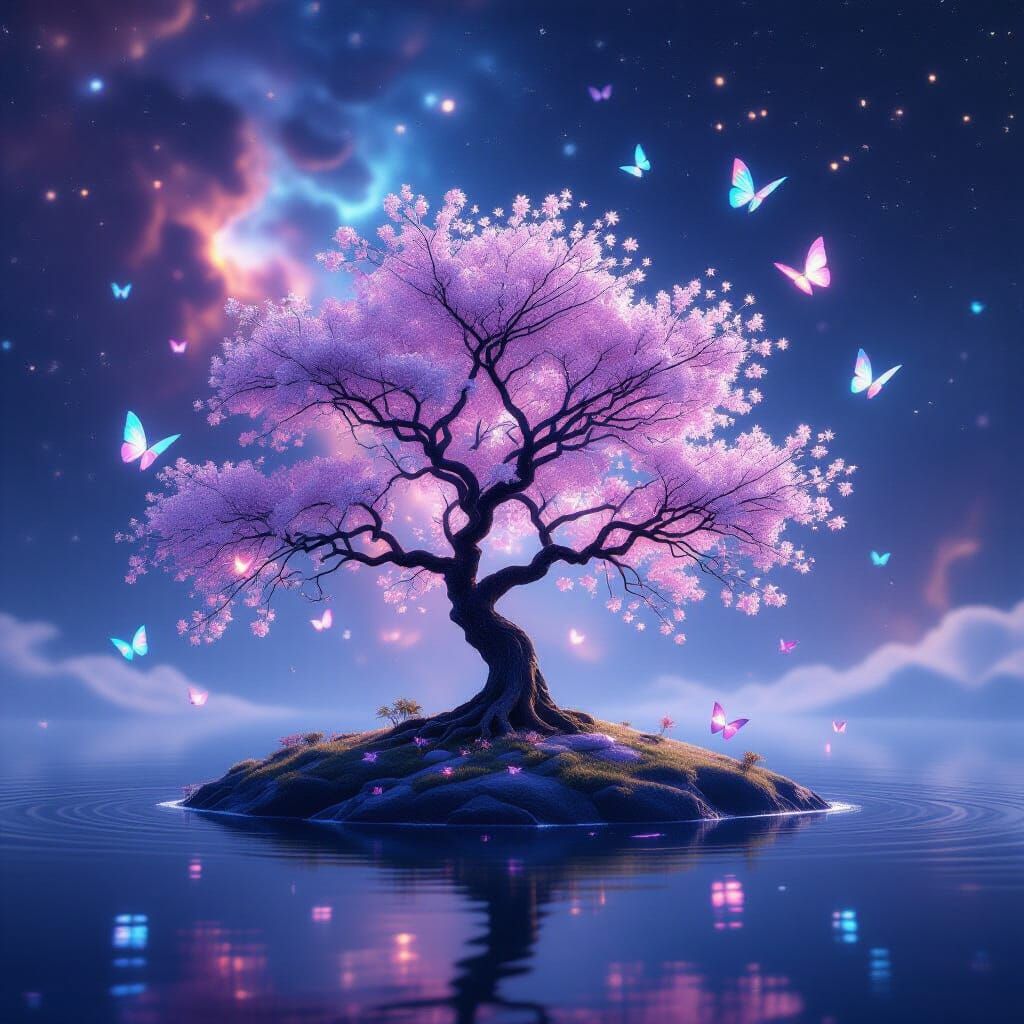 Sakura Tree on Floating Island in Cosmic Nebula