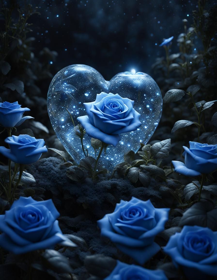 Crystalline Heart with Blue Roses in Night Garden