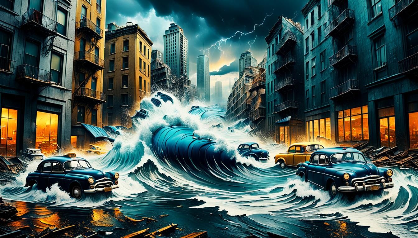 Ocean Waves Crash Into Futuristic City: Surrealist Art