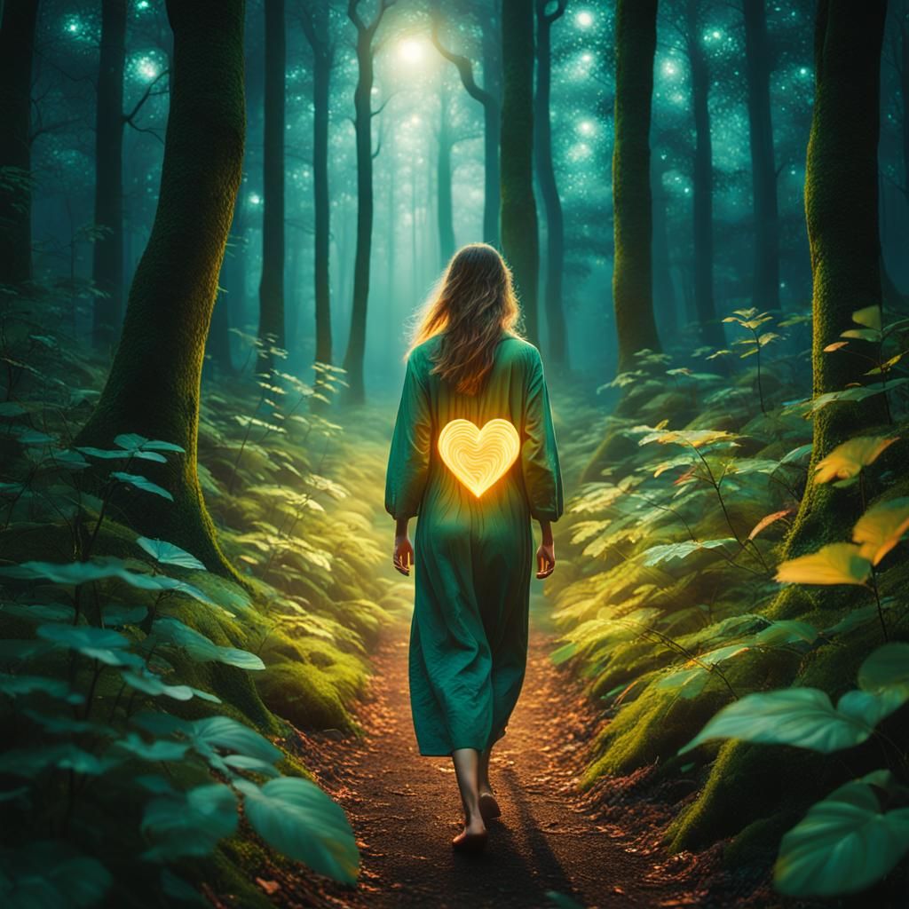 Woman with Glowing Heartbeat in Surreal Forest