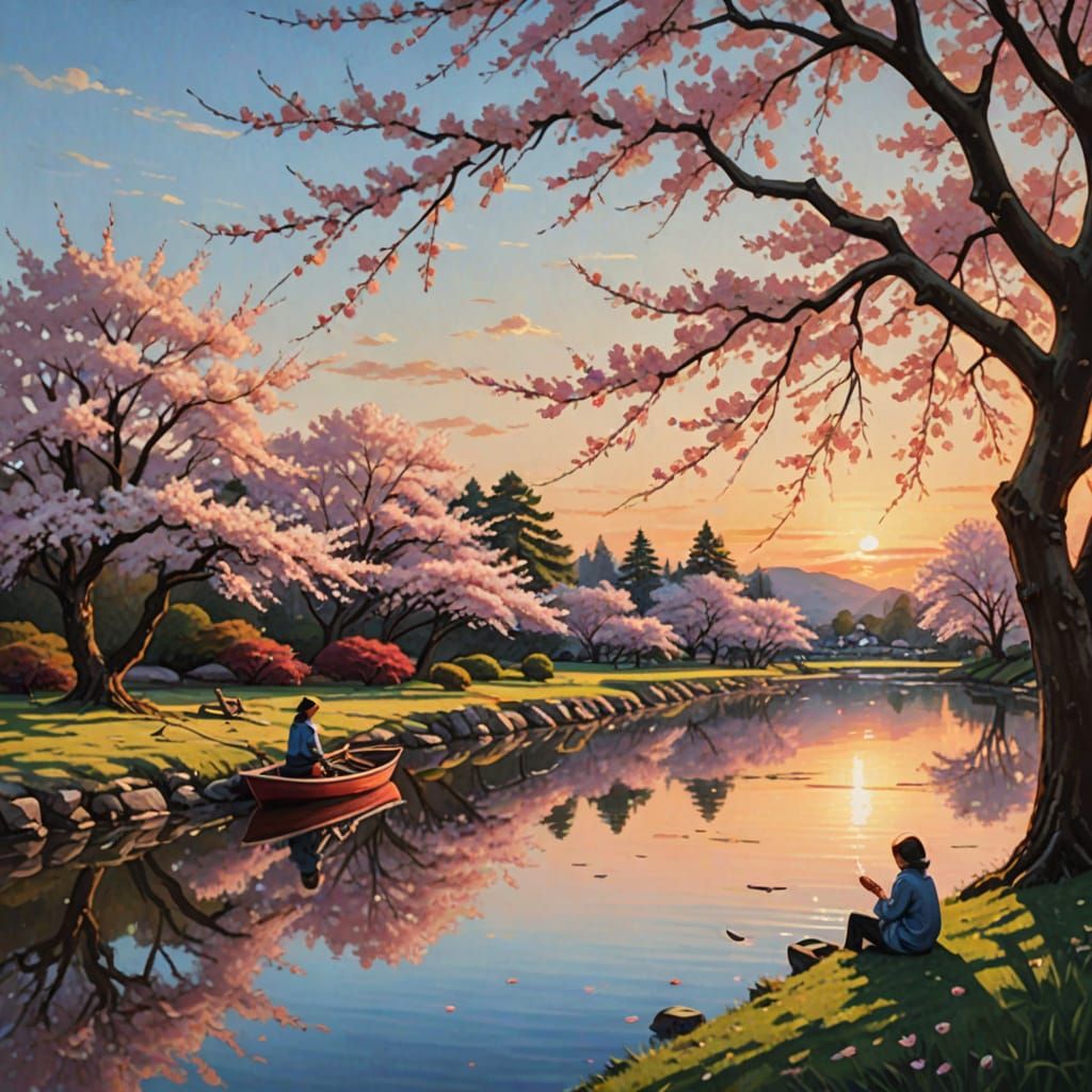 Golden Picnic Under Cherry Blossoms, Vibrant Oil Painting