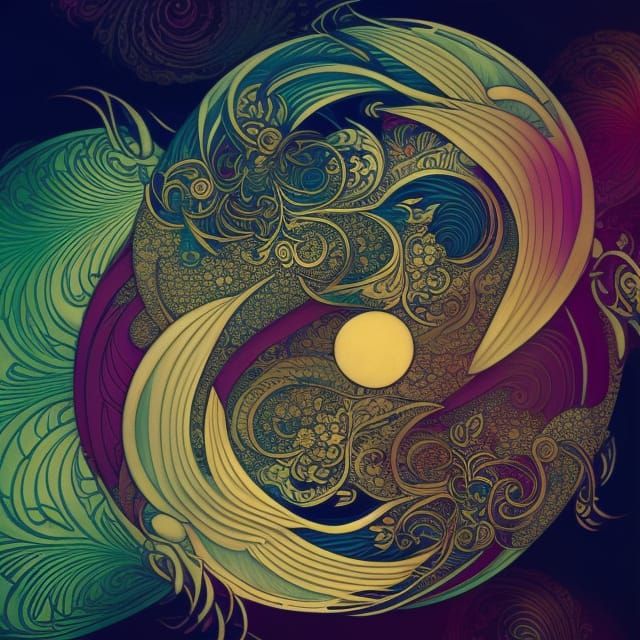Nature Yin Yang in Psychedelic Art Nouveau Style
