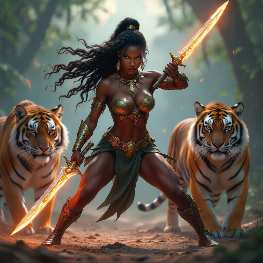 Ebony Nature Goddess Fights With Glowing Sword and Tiger Gua...
