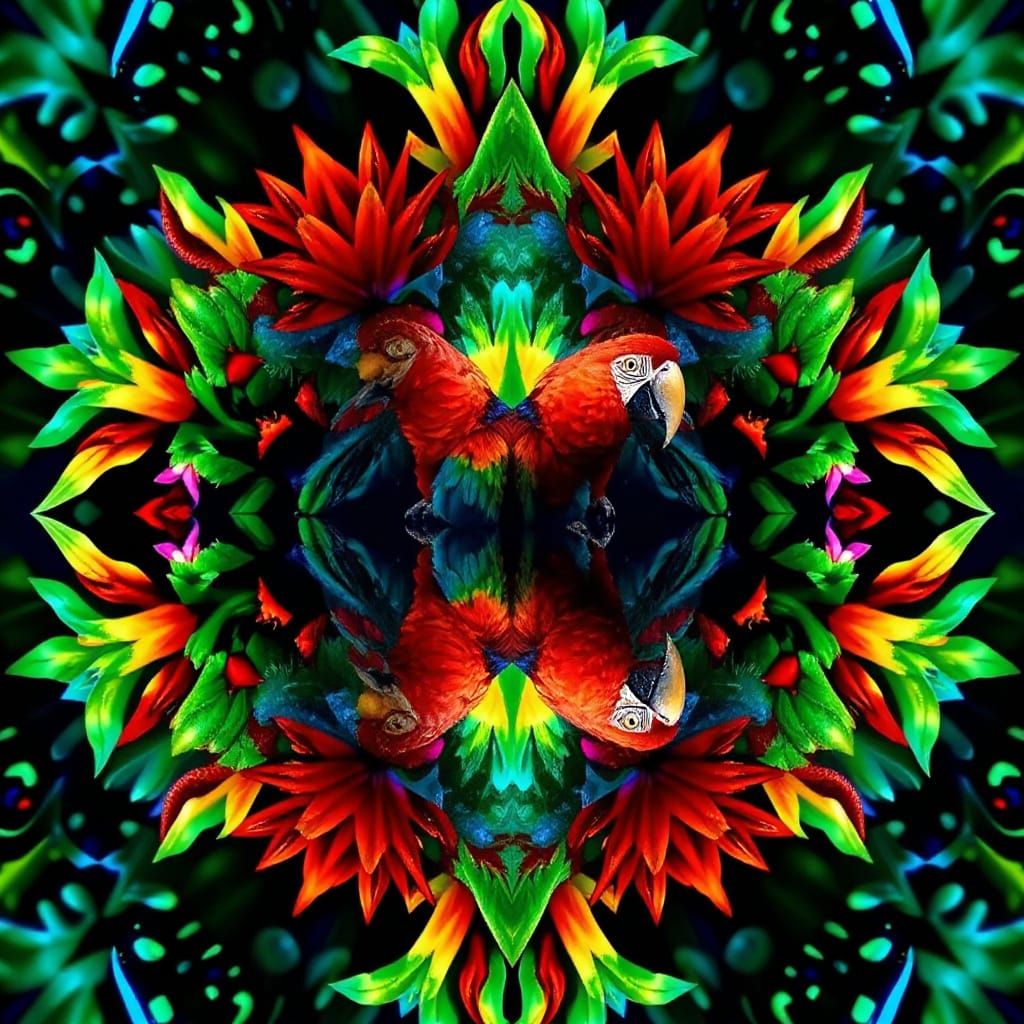 Kaleidoscope art. A scarlet macaw creating a symmetrical and ethereal scene. The colors are vibrant and otherworldly, wi...