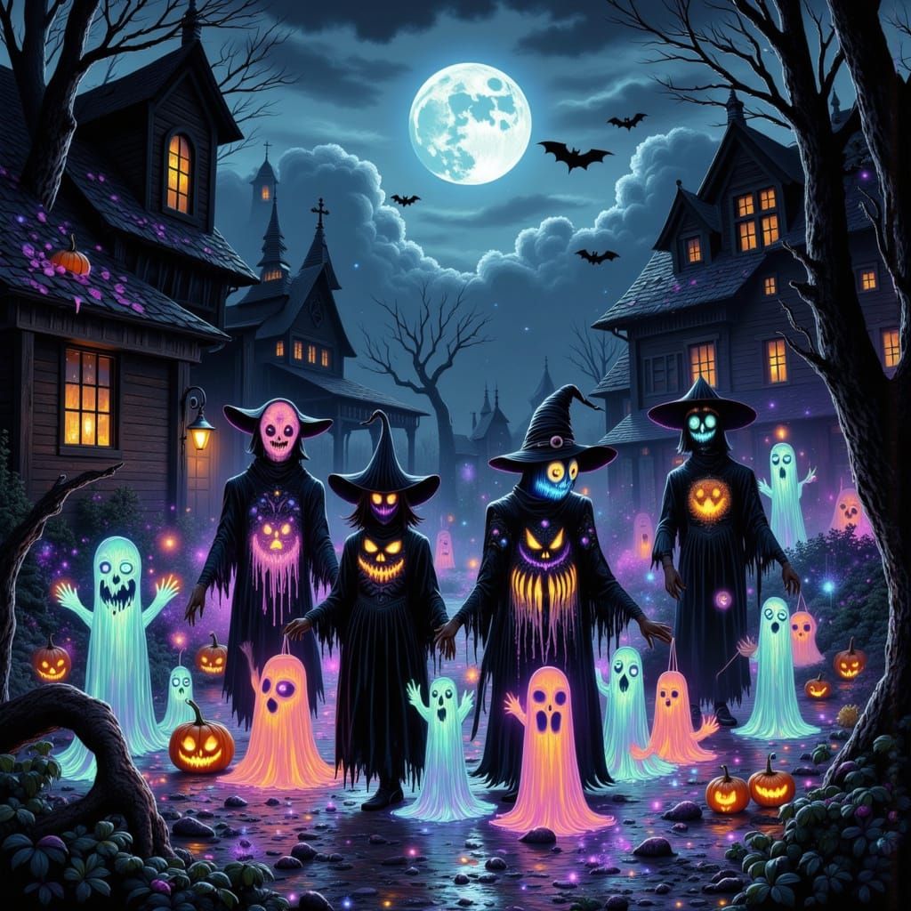 Eerie Halloween Night: Children Collect Glowing Candy